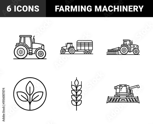 Agriculture and smart farming machinery for industrial agribusiness. Technical monoline tractor combine harvester and wheat symbols for rural cultivation branding.