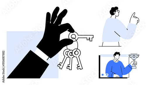 Hand holding keys symbolizing solutions and access, with business-themed figures highlighting ideas and success. Ideal for teamwork, innovation, leadership, success, business strategy, motivation
