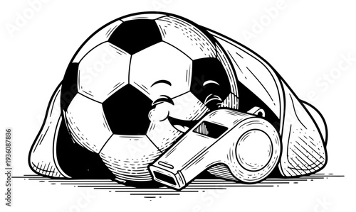 Cute soccer ball character with a referee whistle in hand drawn vintage style