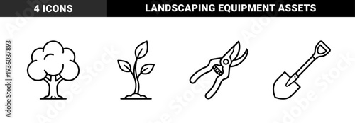 Gardening and landscaping maintenance equipment for botanical projects. Professional monoline pictograms featuring tree, seedling, shovel, and pruning shears.