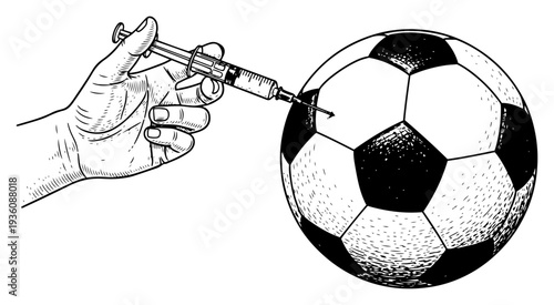 Hand holding a medical syringe injecting a soccer ball representing sports doping or medicine