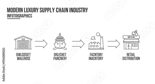 Modern luxury supply chain industry infographic showing delivery warehouse to retail distribution process with icons