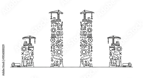 Isometric illustration of industrial factory buildings with machinery and equipment in a technological industrial area with a diagrammatic design