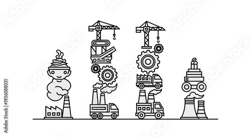 An isometric illustration of industrial machines and vehicles with gears and symbols on a clean white background