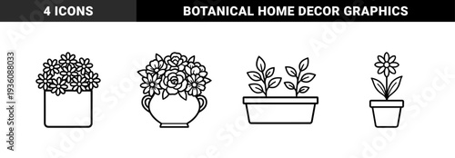 Botanical floral arrangements and potted houseplant line art. Minimalist monoline garden elements featuring blooming flowers, indoor vases, and decorative foliage.