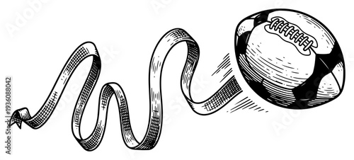 Flying American football with a long decorative ribbon in vintage woodcut style