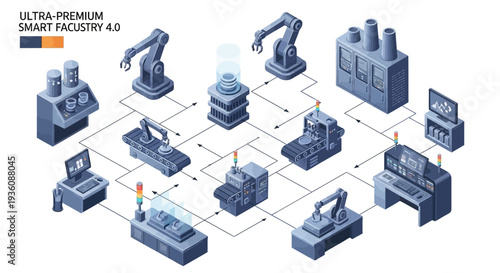 Isometric illustration of industrial robots and machines connected by lines in a smart factory with a 3D diagram and data flow, showcasing industry 4.0 technology and automation