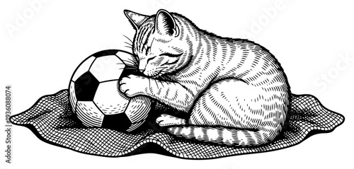 Small kitten hugging a soccer ball in detailed black and white engraving style