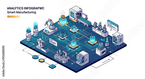 Isometric illustration of a smart manufacturing process with industrial machines, robots, and computer systems on a blue circuit board, conveying a futuristic and technological mood