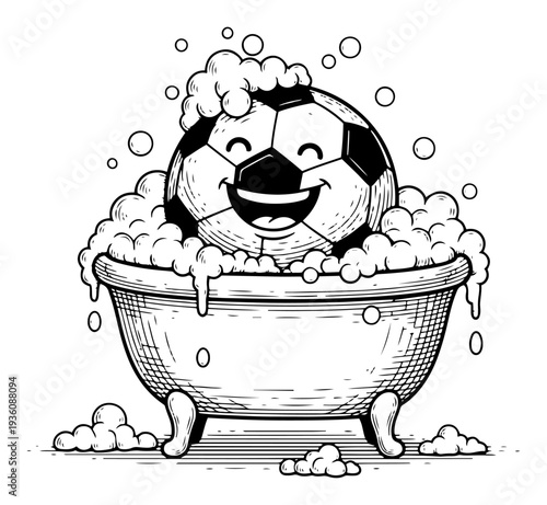 Happy soccer ball character taking a bubble bath in vintage tub