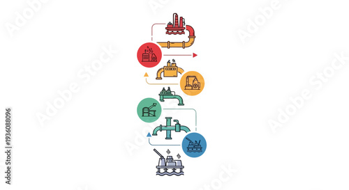 Infographic illustration of industrial business concept with icons and symbols representing industry, technology, and data connection in a diagrammatic structure