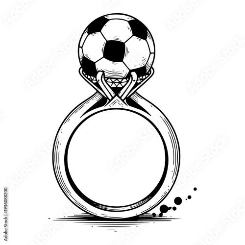 Engagement ring with a soccer ball jewel in detailed engraving style