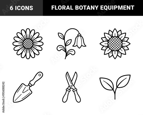 Garden cultivation and floral botany line art elements. Minimalist monoline illustrations featuring sunflower, bellflower, seedling, trowel, and pruning shears.