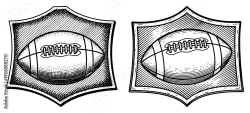 American football ball shield crest emblem in woodcut style