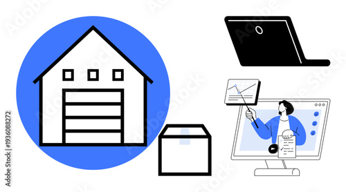 Warehouse management concept. Warehouse highlighted alongside parcel, laptop, and online communication graphic. Warehouse efficiency and online tools integration. For logistics, e-commerce