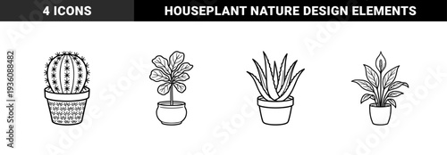 Houseplant line art illustrations featuring fiddle leaf fig, cactus, aloe vera, and peace lily for botanical coloring books and nature branding.