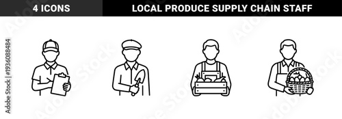Agricultural workers and local farming characters in thick monoline style. Minimalist outline portraits featuring gardener with trowel, logistics manager, and produce harvesters.
