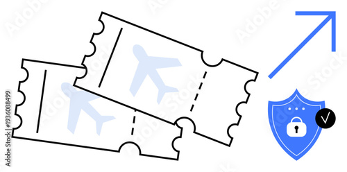 Travel security. travel safety through plane tickets, a shield with a lock, and verification icon. Travel security ensures safe air travel, booking, and passenger verification