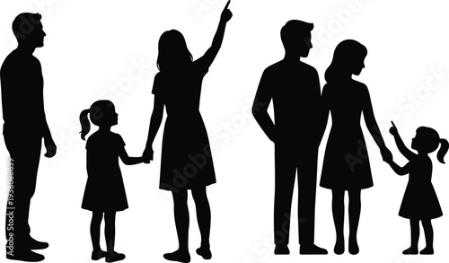 Family silhouette set, parents and child holding hands standing together isolated on white background vector illustration