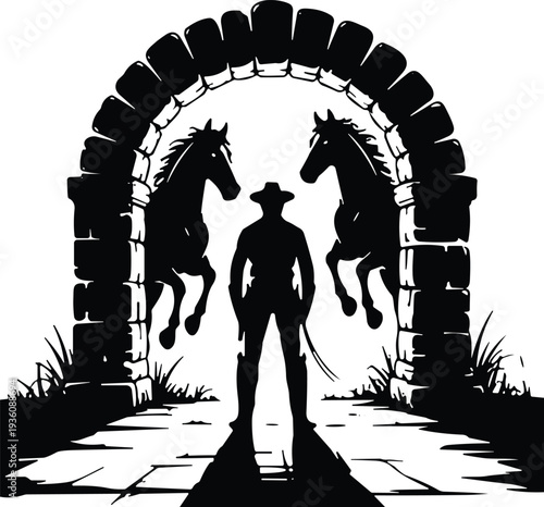 Black and white silhouette vector illustration of a western cowboy standing under a stone archway with two rearing horses isolated on a white background.