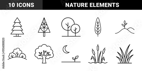 Nature and forestry linear elements for environmental branding. Technical monoline silhouettes featuring coniferous trees, deciduous foliage, and wetland vegetation.