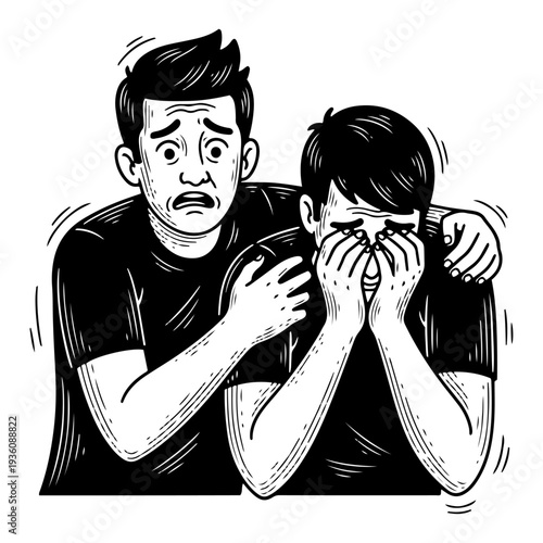 Shocked and crying soccer fans showing disappointment and sadness in vintage woodcut illustration style