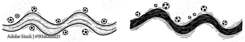 Soccer balls rolling along wavy abstract lines in vintage engraving graphic style