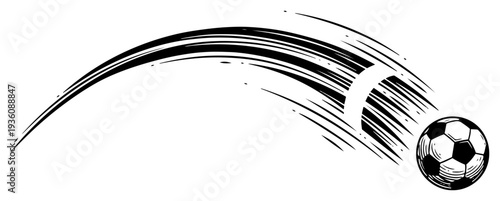 Flying soccer ball with curved motion trail in vintage woodcut style