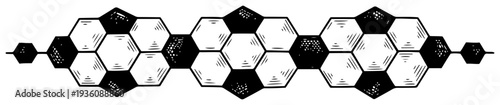 Horizontal decorative border made of soccer ball panels in engraving style
