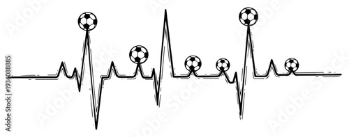 Heartbeat pulse line featuring soccer balls in detailed woodcut engraving style