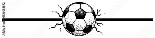 Soccer ball crashing through a solid horizontal line in engraving style