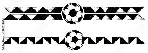 Set of horizontal borders with soccer balls and geometric triangles in a vintage style