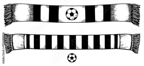 Two striped soccer fan scarves with a soccer ball in a vintage engraving style