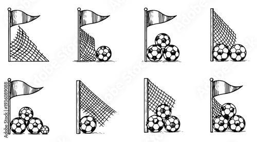 Collection of soccer corner flags and ball compositions in vintage engraving style