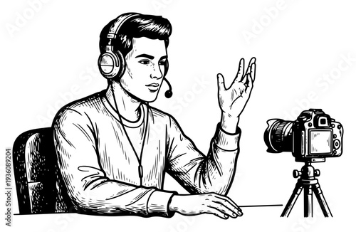 Young vlogger recording video content with professional camera and headphones sketch