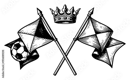 Emblem with two crossed referee flags and a soccer ball under a crown