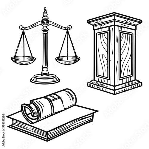 Line art collection of scales of justice, wooden courtroom podium, scroll and law book for legal themes