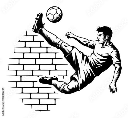 Soccer player performing a spectacular bicycle kick against a brick wall