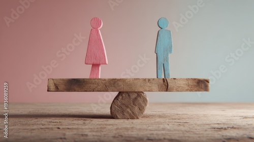 Wooden figures on a balance beam show the theme of gender equality in a simple setup with a light background