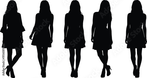 Elegant woman silhouette collection with different walking poses, female fashion model vector illustration isolated on white background