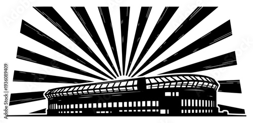 Vintage engraving illustration of a stadium with sunburst background