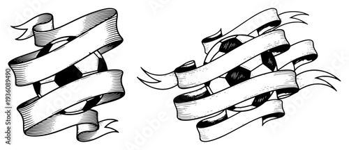 Soccer ball composition wrapped with blank vintage ribbon banners