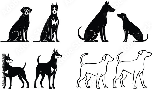 Set of black silhouette and white outline vector illustrations featuring sitting and standing domestic dogs including Doberman pinscher breeds isolated on a white background.
