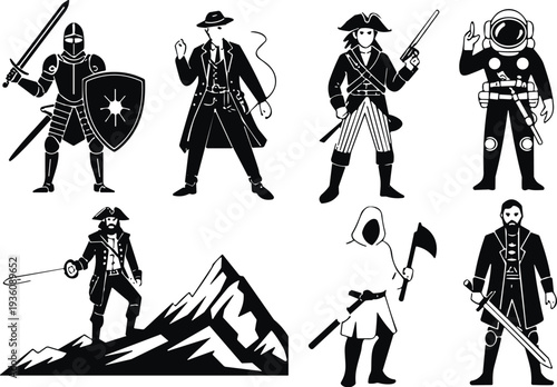 Set of black and white vector silhouettes featuring various adventure characters including knight, pirate, astronaut, cowboy, and warrior isolated on a clean white background.