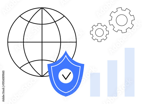 Global security concept. Visual of global security with a shield symbol, globe, and growth chart. Global security ensures safety in global communication, technology, and finance. Useful for business