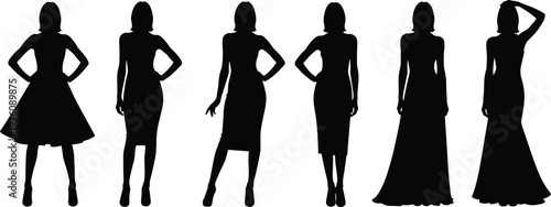 Elegant women silhouettes collection, female fashion models in dresses isolated black full body figures on white background