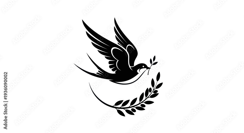 Fototapeta premium Flying bird silhouette with olive branch