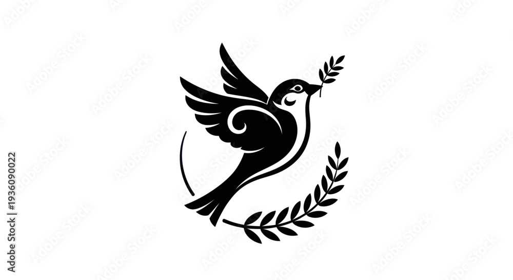Fototapeta premium Flying bird silhouette with olive branch