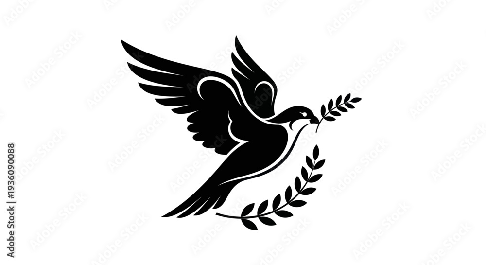 Fototapeta premium Flying bird silhouette with olive branch
