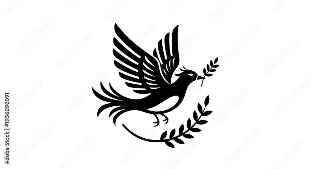 Fototapeta premium Flying bird silhouette with olive branch
